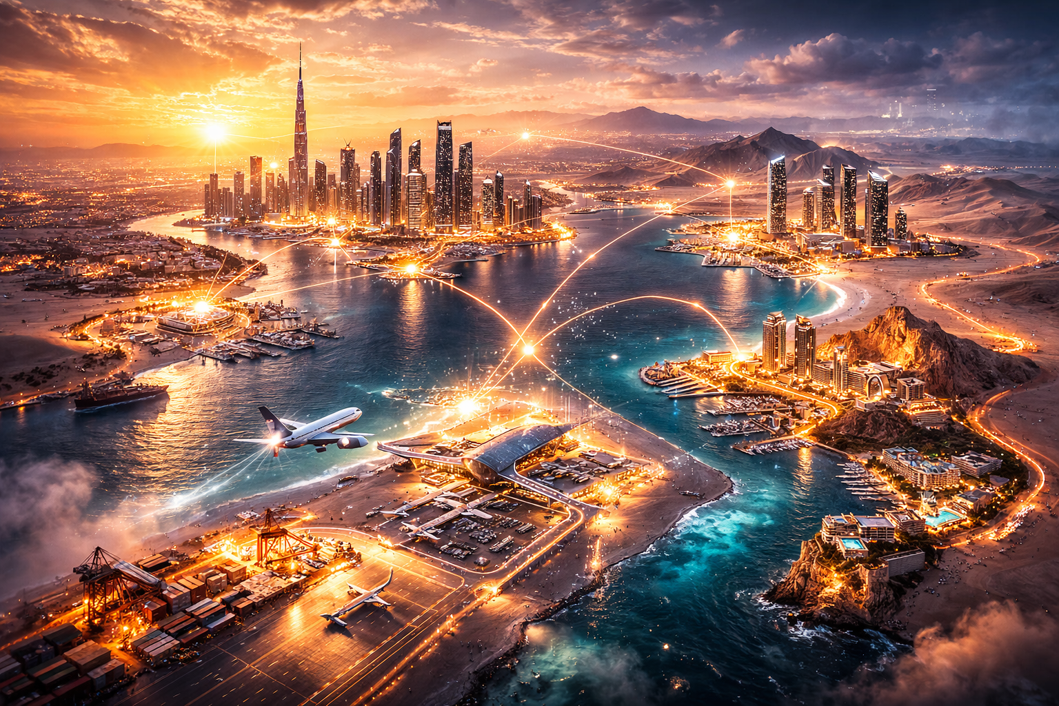 Mapa del Mercado Inmobiliario de Oriente Medio: Cómo se Conectan los EAU, Arabia Saudita, Omán y Catar (Aeropuertos + Centros Urbanos)