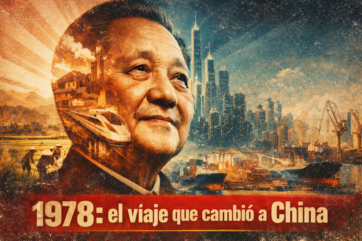 Deng Xiaoping en 1978 representado en una doble exposición que muestra la transformación de China: del país agrícola y rural a una potencia urbana, industrial y tecnológica, símbolo del cambio económico que redefinió ciudades y productividad.